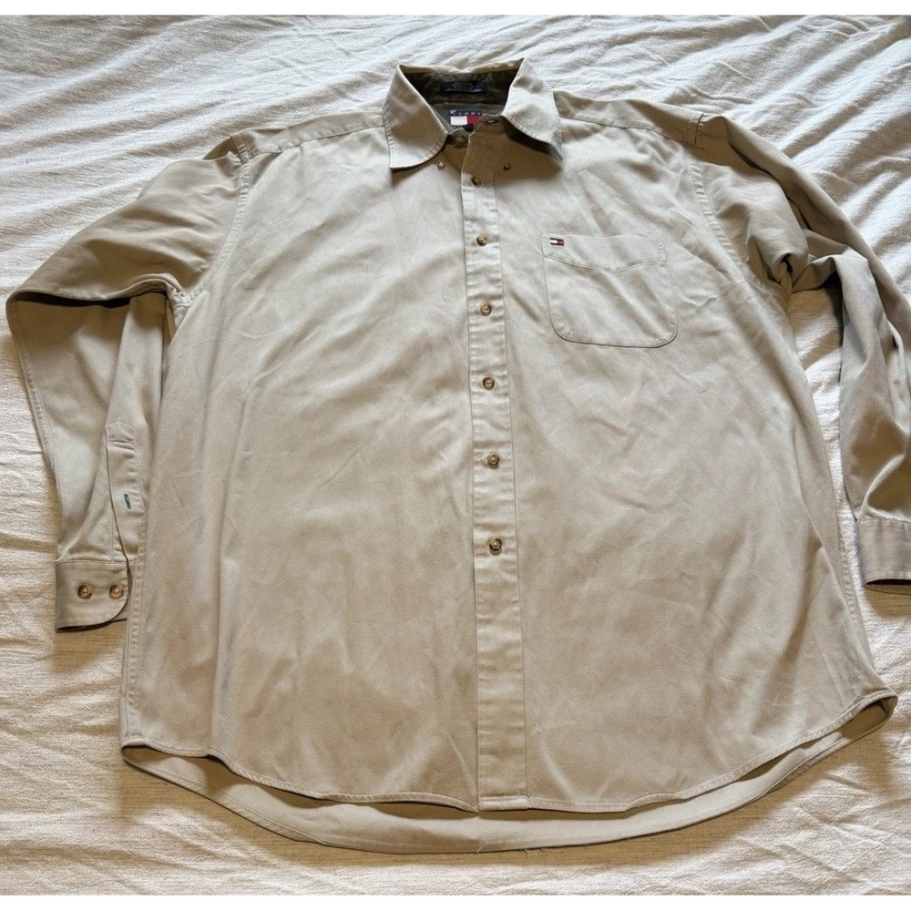 Tommy Hilfiger Men's Large Heavy Cotton Twill Button Down Shirt Khaki Flag‎ Logo